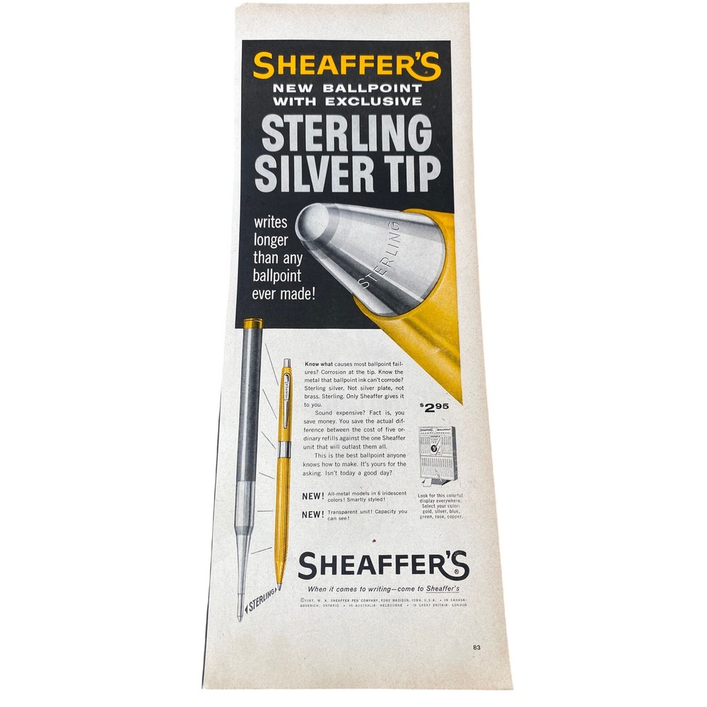 Vintage 1957 Sheaffer's Ball Point Pen Print Ad